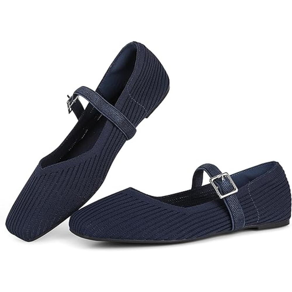 New Celnepho Womens Size 8 Navy Blue Square Toe Knit Ballet Flats Comfort Shoes